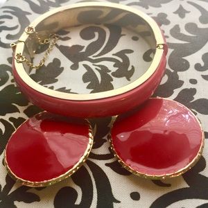 Gold/Red Hard bangle bracelet, earrings